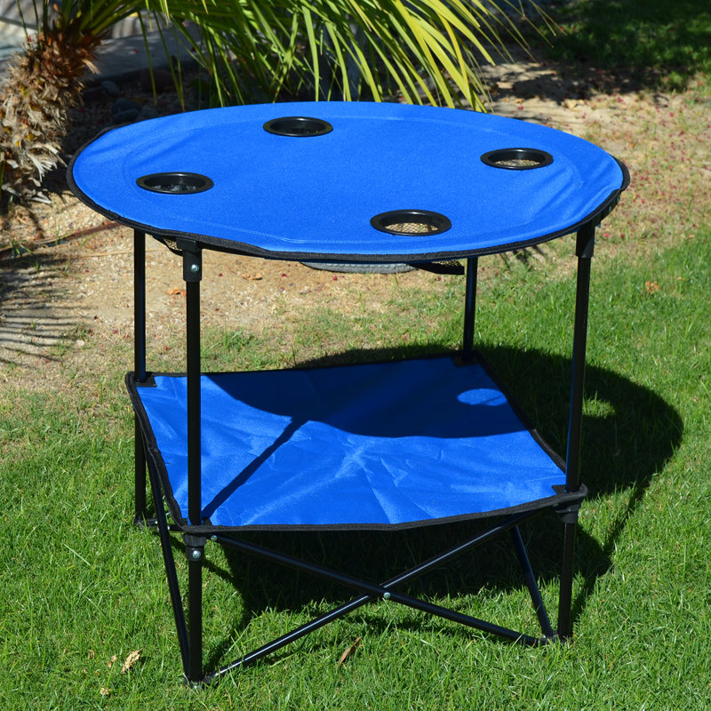 28" Blue Steel Round Folding Portable Beach Table with Cupholders