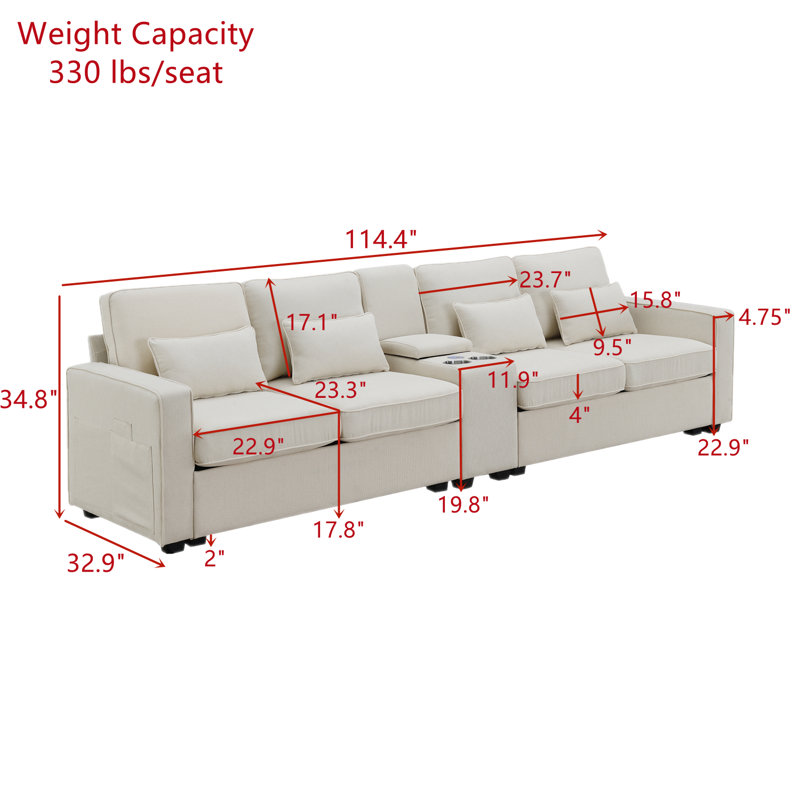Canapé à accoudoirs carrés de 114,4 po Guenievre, 100 % polyester beige