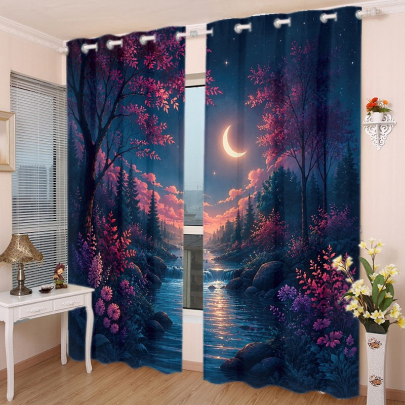 2 PCS rideaux occultants avec œillets, rideaux Mystical Moonlit River Fantasy Night Forest, L 39 po x H 63 po x 2 PCS