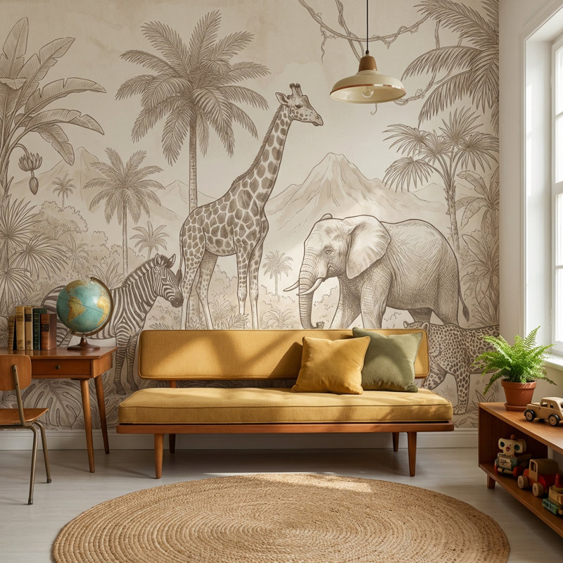 Papier peint safari, girafe, paysage de jungle, L: 210 po x H: 120 po, Non-collé