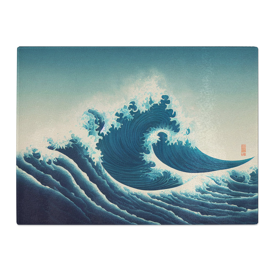 Graceful Japanese Wave  Glass Chopping Board