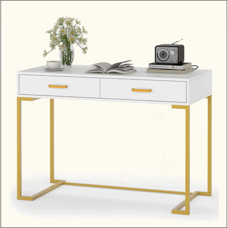 Bureau d'ordinateur avec 2 tiroirs, bureau de bureau moderne, table d'écriture compacte, bureau de coiffeuse pour chambre à coucher, bureau ou petits espaces, structure en métal, style minimaliste
