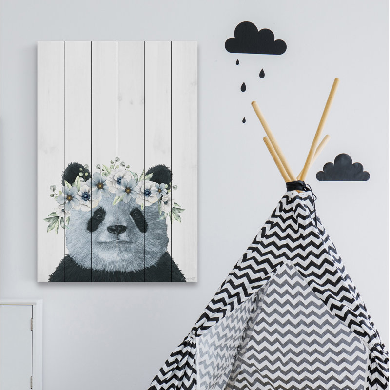 «Floral Crowned Panda», reproduction d'art sur bois blanc, H 18 po x l 12 po x P 1,5 po