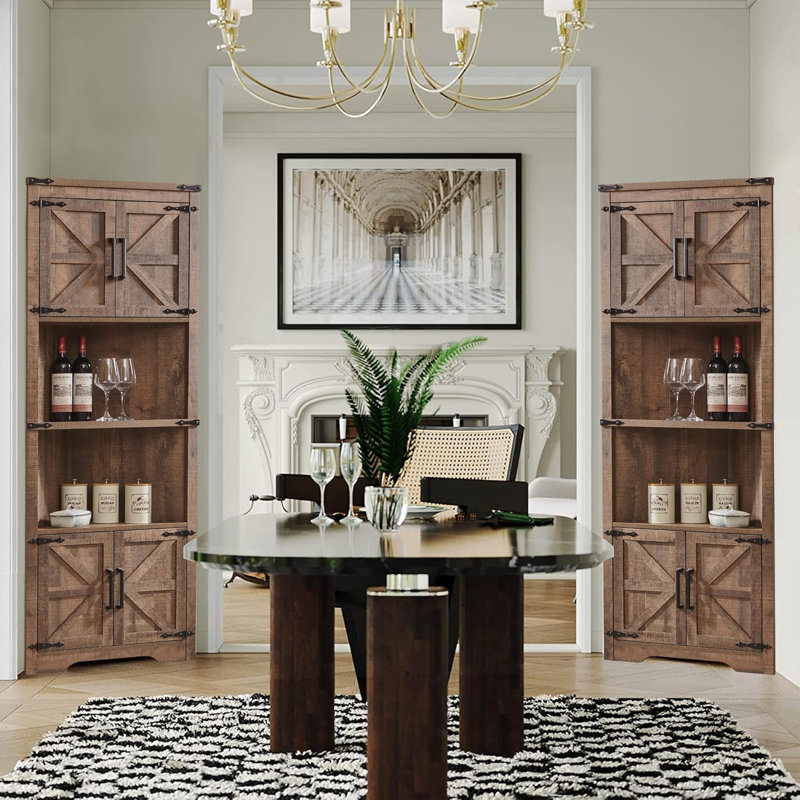 Geidy 67" Kitchen Pantry Corner Display Cabinets with Adjustable Shelves and Open Storage, Tan