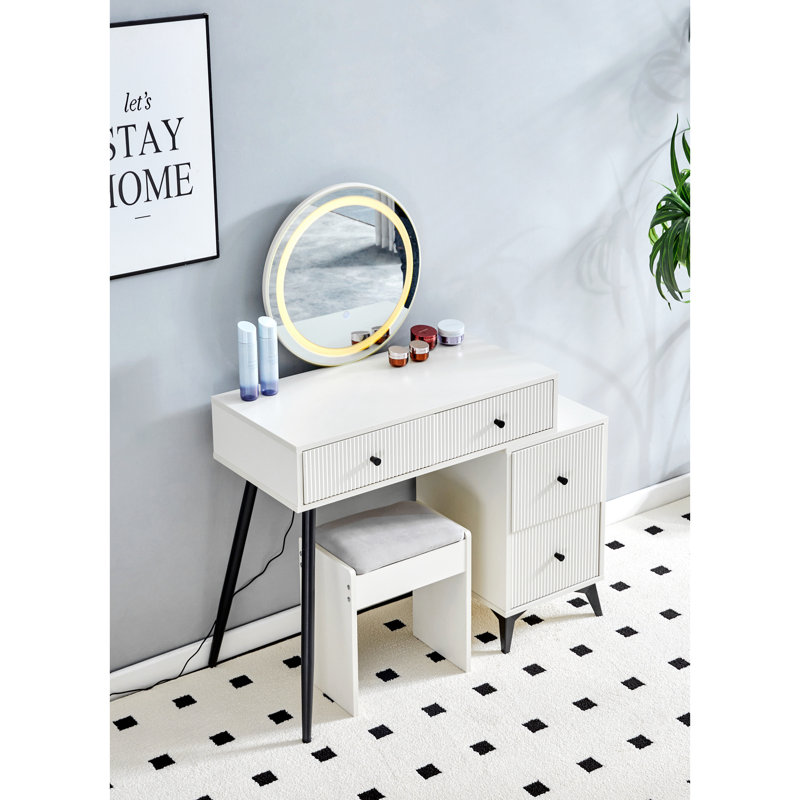 Fluted Makeup Vanity Desk With Round LED Mirror, Glass Top, 4 Drawers, Adjustable Shelves, Modern Dressing Table Set With Stool And Movable Side Table
