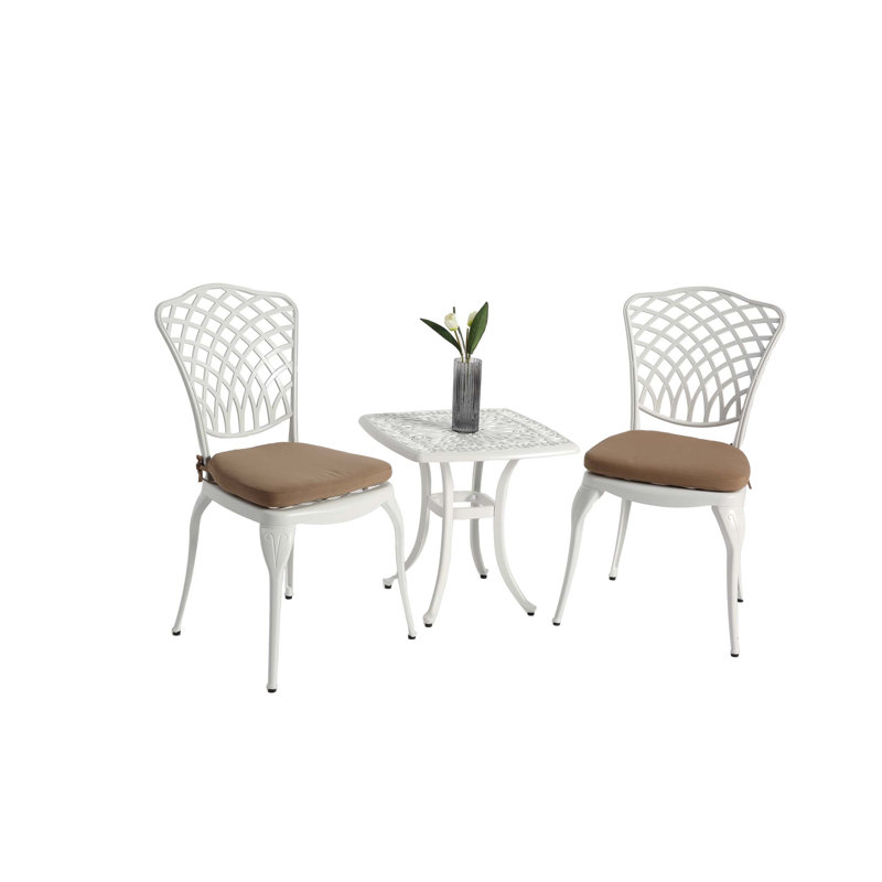 Bistro Set 3 Piece Rustproof Cast Aluminum Patio Furniture Sets 2 Chairs and 1 Round Table Outdoor, Garden, Patio,  Balcony, with cushion white