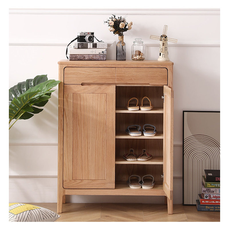 Meuble à chaussures scandinave en bois massif, double porte, deux tiroirs, meuble de rangement autoportant pour entrée ou couloir.