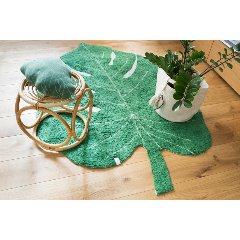 Green Monstera Leaf Hand-Knotted Cotton Area Rug