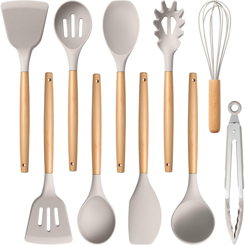 Silicone Cooking Utensils Set, 10-Piece Heat Resistant Kitchen Utensils Set with Wooden Handle