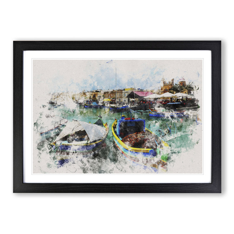 Fishing Boats in Malta - Picture Frame Painting, 48cm H x 65cm W x 2cm D, Black Framed