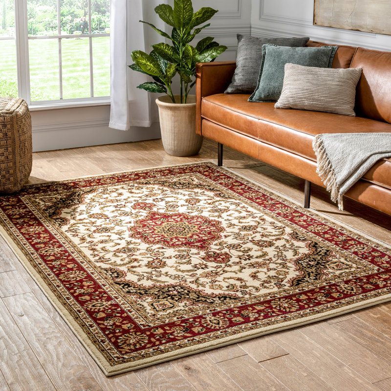 Tapis traditionnel ivoire Belliere Medallion Kashan, Rectangle 5 pi 3 po x 7 pi 3 po