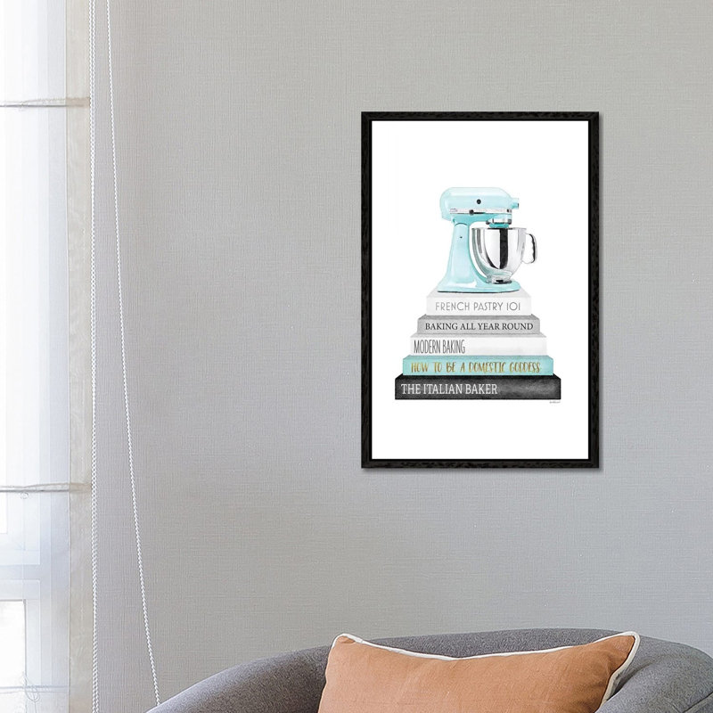 Baking Bookstack With Teal Mixer by Amanda Greenwood - Painting on Canvas, 152.5 cm H x 101.5 cm W, Black Framed Canvas