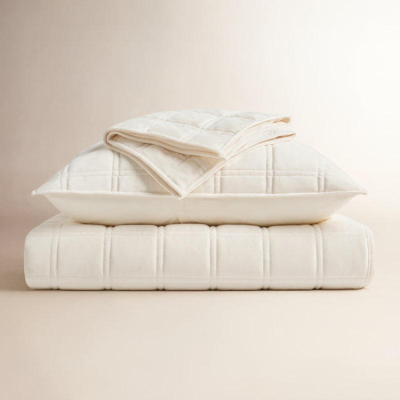Ensemble de courtepointe en velours double, Courtepointe pour grand lit + 2 taies décoratives, Blanc, crème