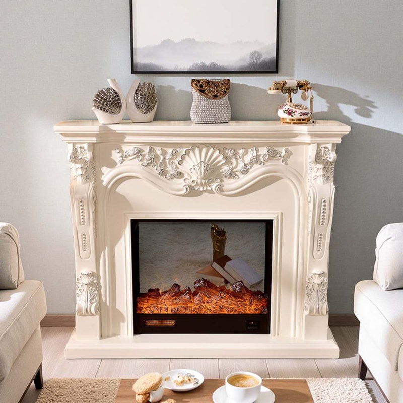Elegant European style heating fireplace, 43.31" H x 51.18" W x 12.99" D, White