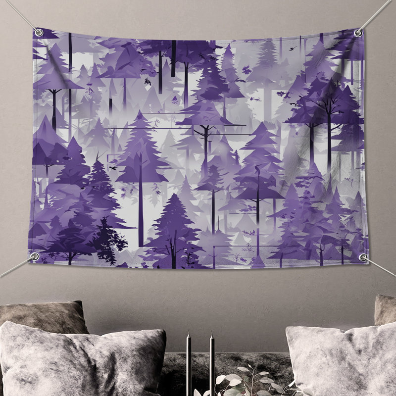 Tapisserie murale silhouette de forêt mauve - décoration murale forêt, 104 po H x 88 po avec 4 œillets