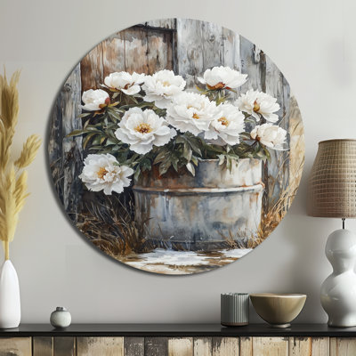 Pivoines par l'eau gelée - Art mural blanc traditionnel en métal, pivoines rondes, impression sur métal