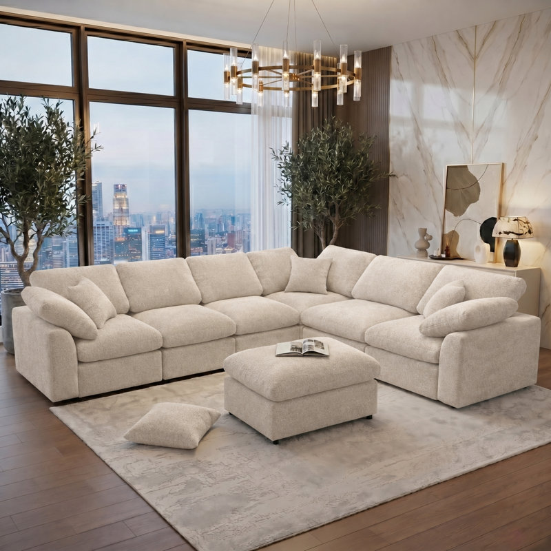 Canapé d'angle modulable 7 places surdimensionné avec coussins moelleux et pouf amovible - Canapé en chenille en forme de L reconfigurable, agencement personnalisable pour les grands salons, appartements et bureaux