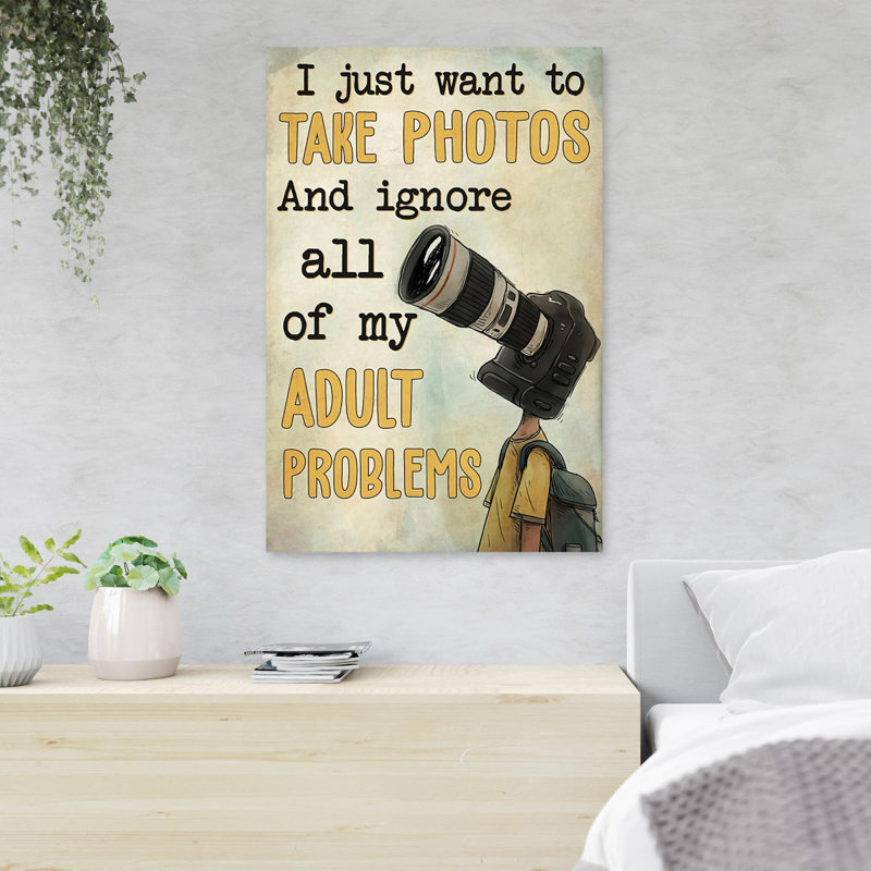Man With Camera On Head - I Just Want To Take Photos - 1 Piece Rectangle Graphic Art Print On Wrapped Canvas