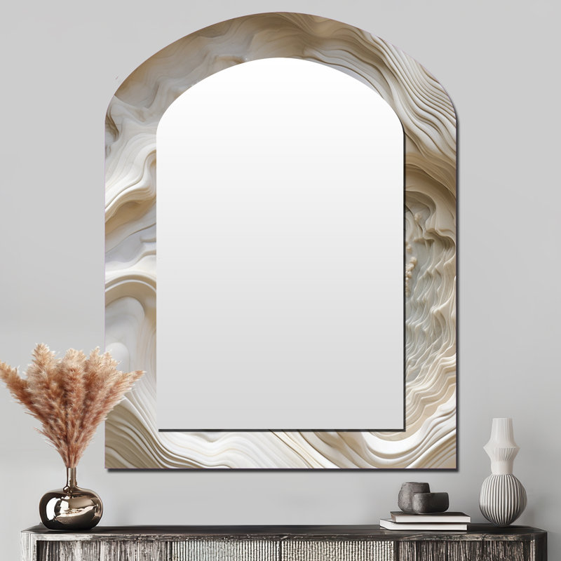 Cream Spiral Nebula II - Abstract Spirals Asymmetrical Wall Mirror, Cream Arch Decorative Mirror, Printed Metal Art