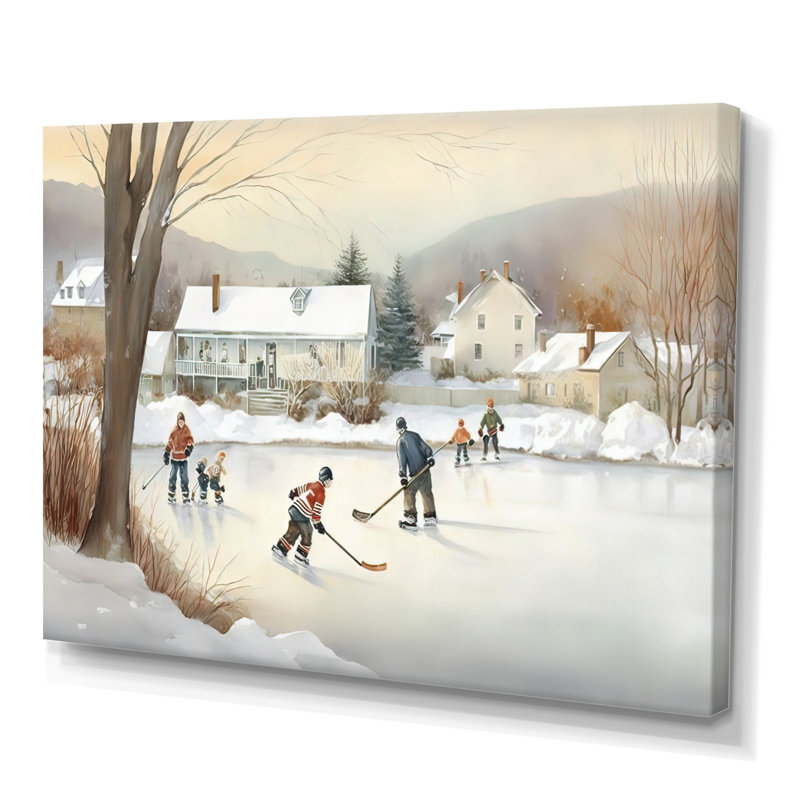 Enfants jouant au hockey en hiver - Décoration murale de hockey sport, H 30 po x l 40 po x P 1,5 po, Toile tendue