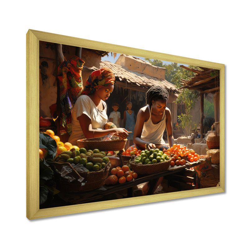 «African Vibrant Market I», reproduction d'art sur toile, Cadre doré simple, H 16 po x l 32 po x P 1 po