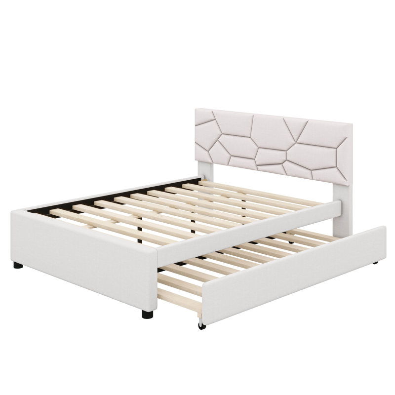 Lit plateforme tapissier avec lit gigogne, Beige, Double, No Storage Included
