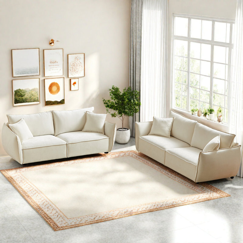 Ensemble de canapé de salon en chenille 2 pièces, canapés 3 places avec coussins décoratifs, Beige