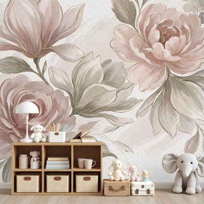 Papier peint à peler et coller Élégant floral rosé, rosé, beige, roses, feuilles, murales, botanique, H 69 po x l 96 po, amovible, papier peint mural en PVC, adhésif pour le salon, la chambre et le bureau à domicile