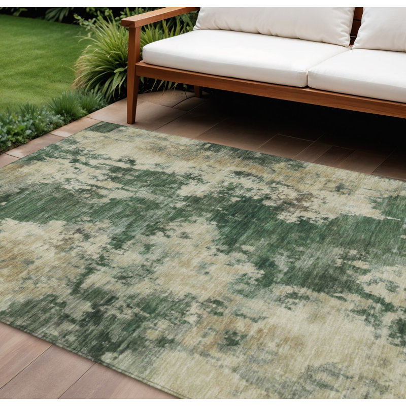 Tapis d'extérieur lavable abstrait vert et beige 8 pi x 10 pi Fern