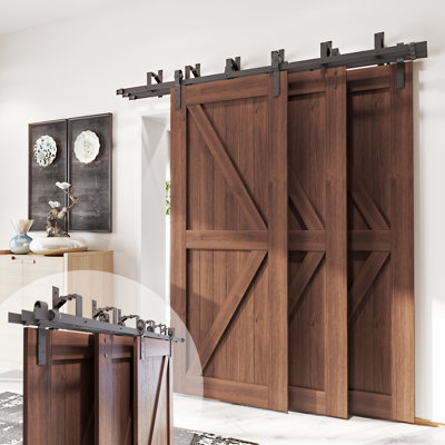 Black Rustic Triple Track Bypass Three Door Hardware Kit For Door Thickness 1 1/4in to 1 3/8in Use(Doors Not Included)