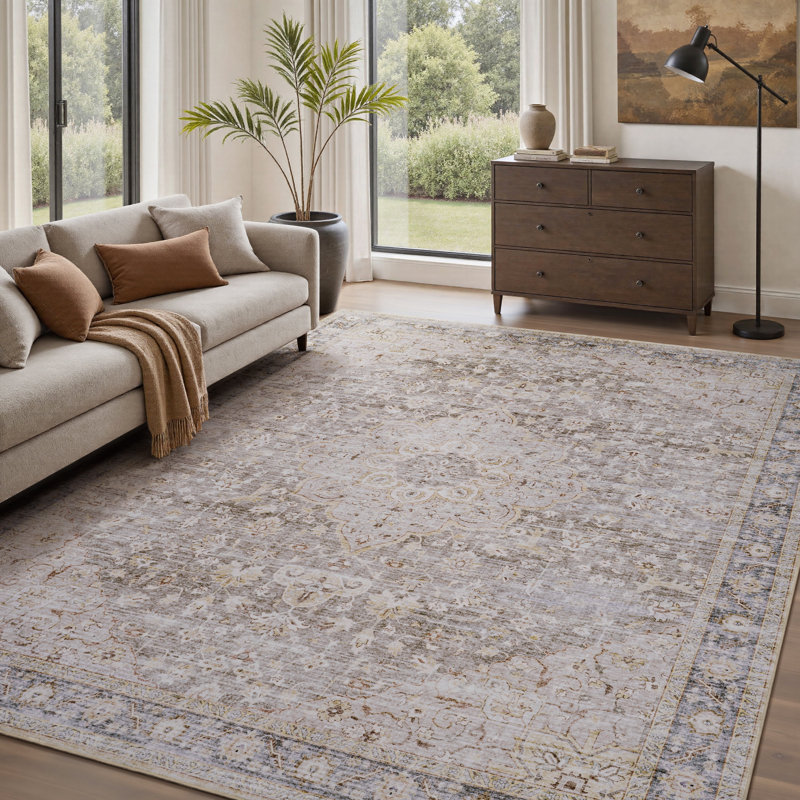 Soft Distressed Medallion Taupe Area Rug, Machine Washable For Living Room, Bedroom, Rectangle 9' x 12'