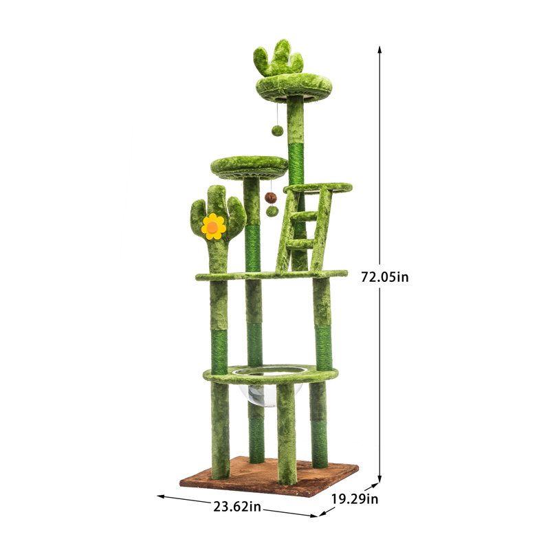 Arbre à chat 72 pouces en forme de cactus avec gélule transparente, tour à plusieurs niveaux verte