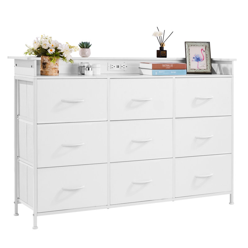 9 Drawer Dresser Tall Fabric Drawer Dresser with Bin LED & Outlet White