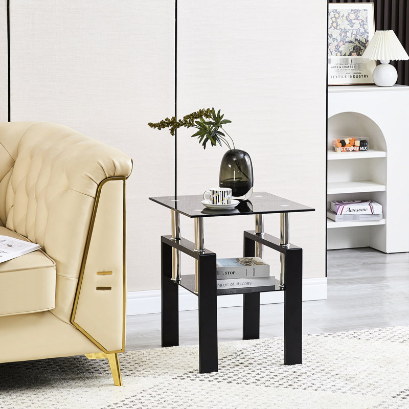 Tempered Black Glass Table, 2 Storage For Multiple Areas, Simple Assembly Work Ahead Side Table Bedroom Spaces, Geometric Design, Long - Lasting Performance