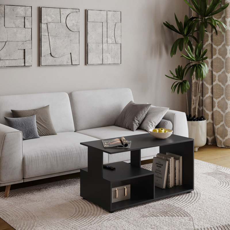 Aylinne Solid Wood Coffee Table with Storage, Black, Black