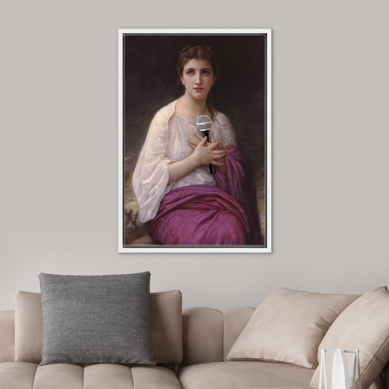 "Femme avec microphone chantant", Cadre flottant blanc, H 24 po x l 16 po