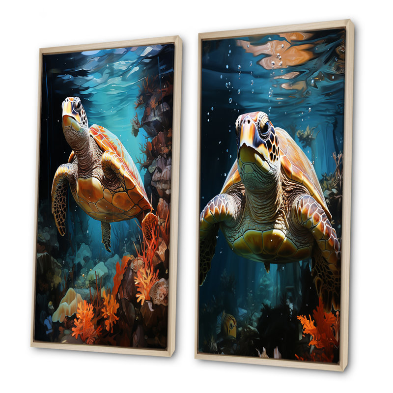 «Overeal Underwater Turtle Odyssey», ensemble de 2 reproductions d'art sur toile, Cadre flottant brun, H 32 po x l 33 po