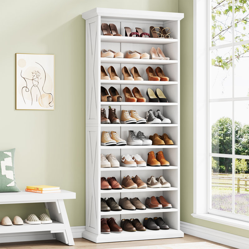 30 Pair Shoe Storage Cabinet With Adjustable Shelves, 10-Tier Tall Narrow Wood Shoe Rack, White