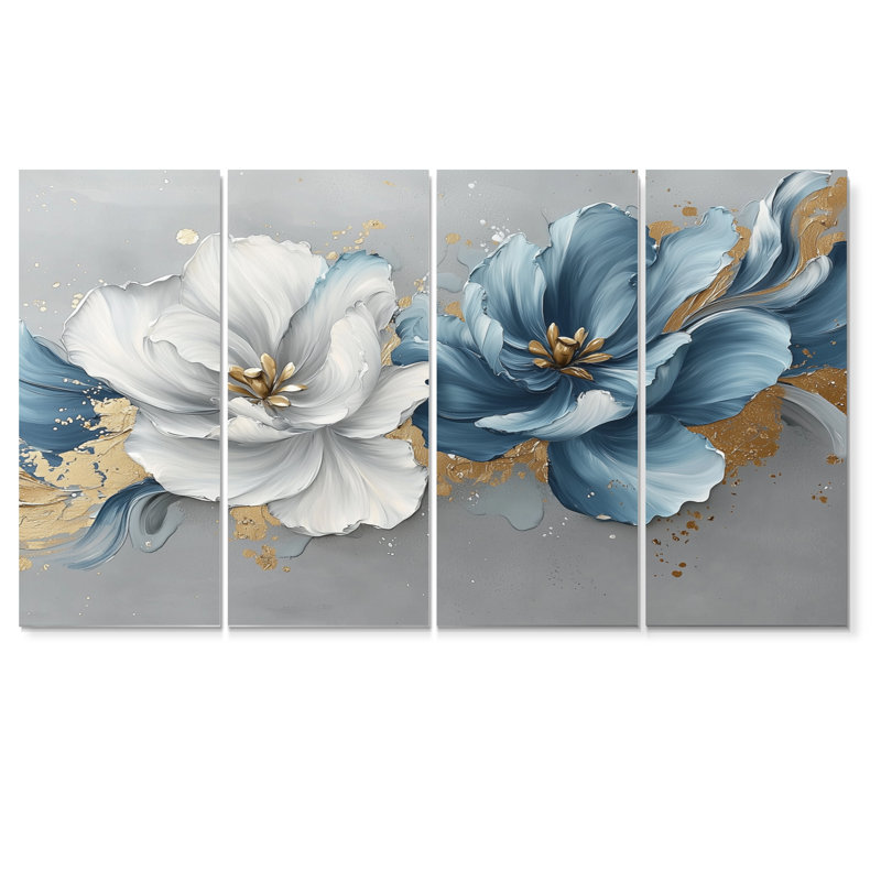 «Blue Velvet Blue Tulips River II - Tulips Wall Decor - Traditional Wall Art», 4 pièces, H 32 po x l 64 po