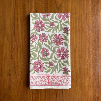 House of Avana Dusty Rose and Sage Green All-Over Floral 13-Piece Hand Block Printed Cotton Dining Linen Set - Table Runner, Placemats and Napkins