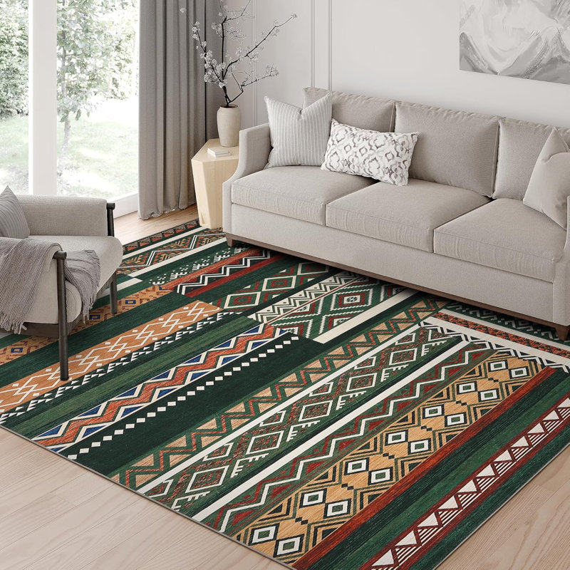 Vintage Patchwork Rug Washable Grey Hallway Non Slip Geometric Carpet Stain Resistant Tribal Soft Mat Low Pile Foldable