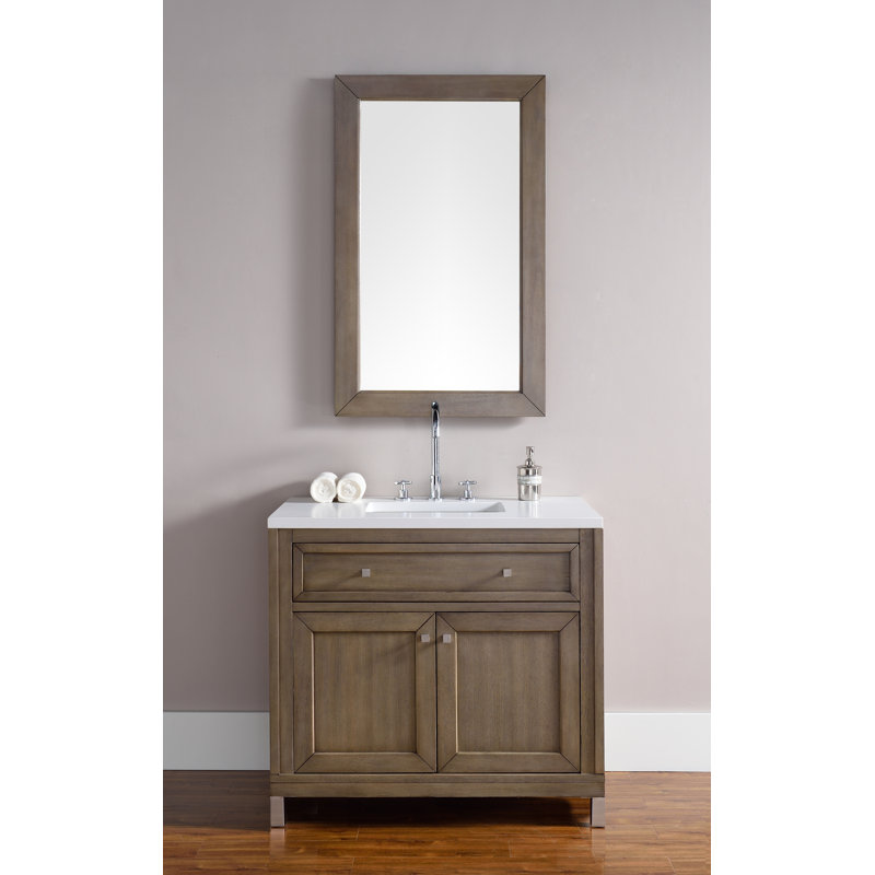 Chicago 36' W Single Vanity, Walnut Whisper, Eternal Jasmine Pearl Quartz, 8" Widespread