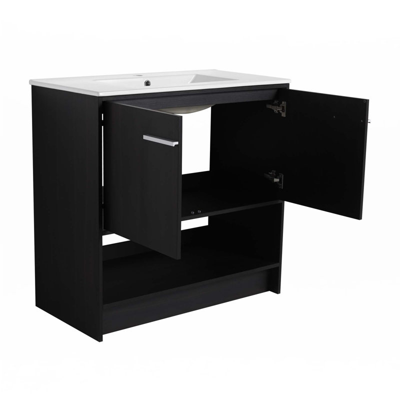 Bathroom Vanity With Ceramic Sink, Dark Oak, Silver