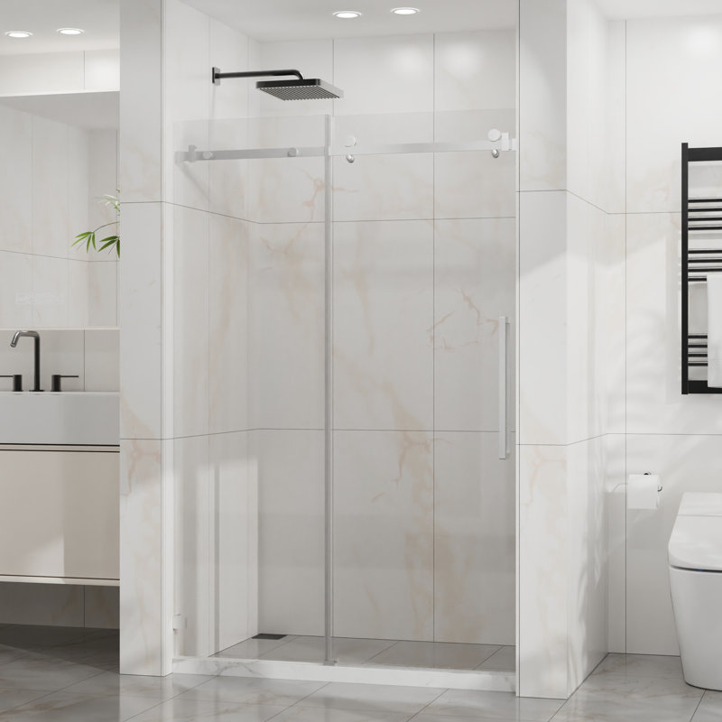 Porte de douche en verre coulissante l 48 po x H 72 po, finition, verre trempé de 1/4 po de 6 mm, facile à nettoyer, largeur réglable de 48 à 48 po, seuil anti-éclaboussures, poulies silencieuses, pièces coulissantes, conception à éclaboussures,