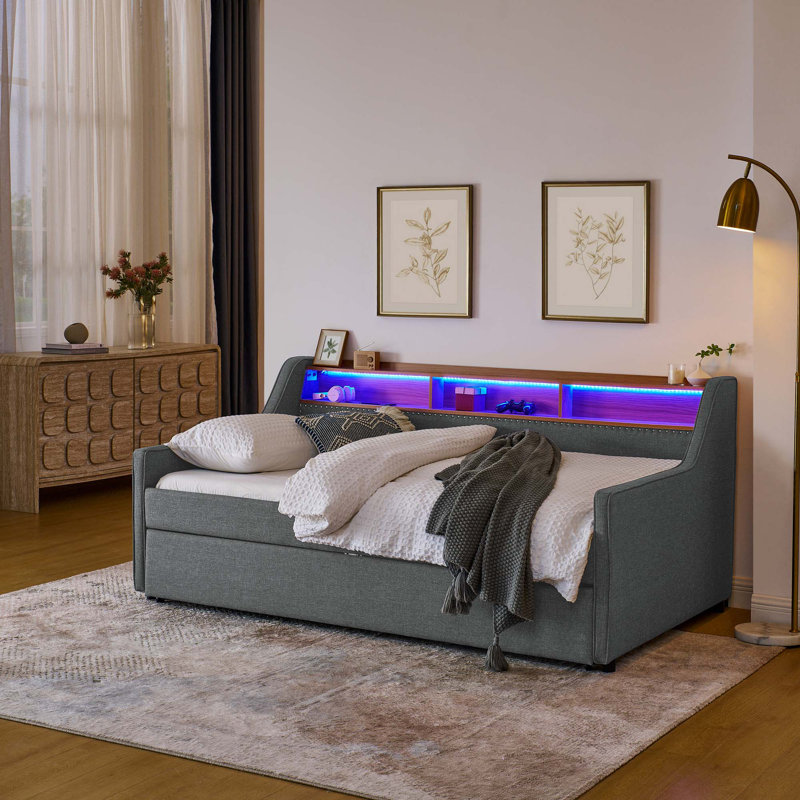 Canapé-lit simple rembourré avec trois lumières DEL et un lit gigogne, Gris foncé