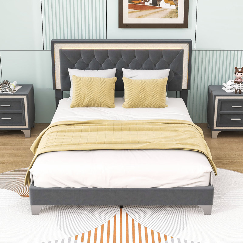 Adeliya Queen Size Upholstered Platform Bed with LED Lights, Gray
