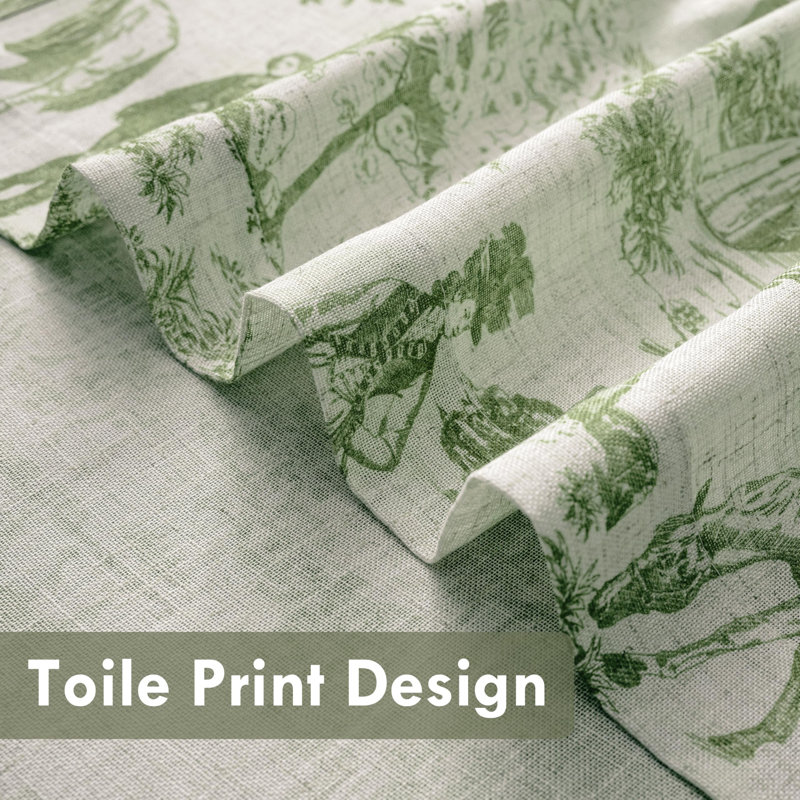 Kitchen Curtains Toile Tier Linen Short Curtains Cafe for Living Room Bathroom Farmhouse French Country Vintage Printed Pattern Rod Pocket 2 Panels