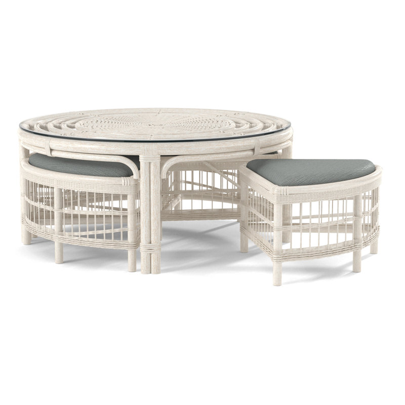 Raffles Rattan Cocktail Table with Benches, Antique Frost White, Eggshell Crypton Performance; 0884-93