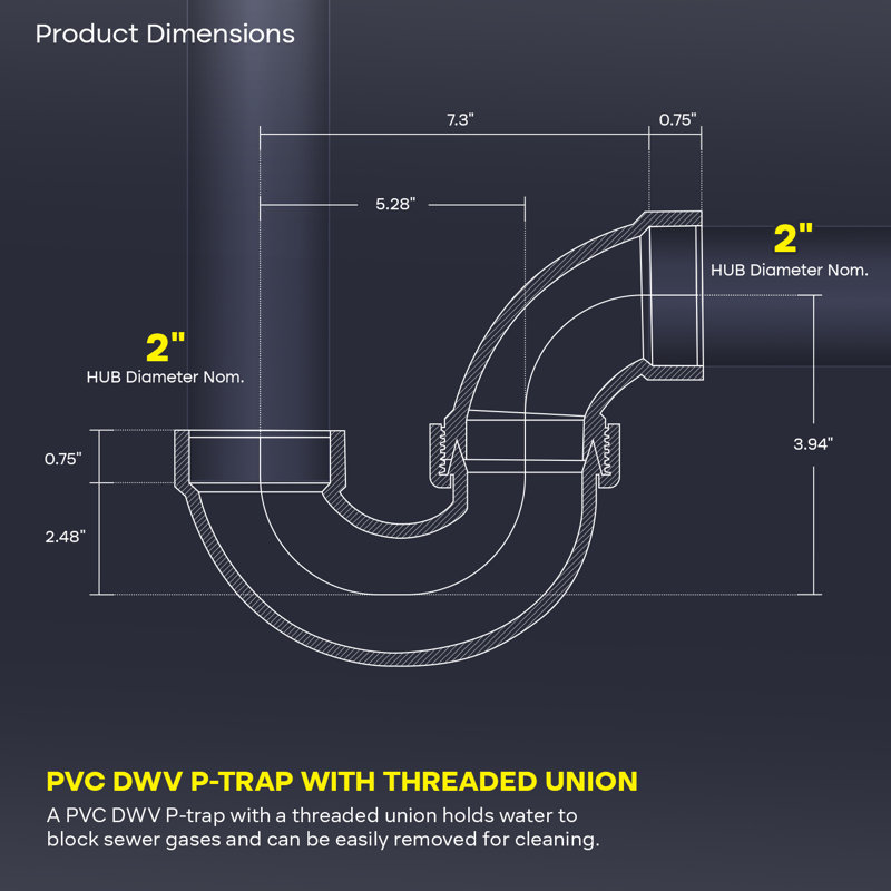 Siphon en P 2 po en PVC avec raccord fileté en plastique H x H, drain en PVC blanc, raccord d'évacuation et d'évacuation, (paquet de 20)
