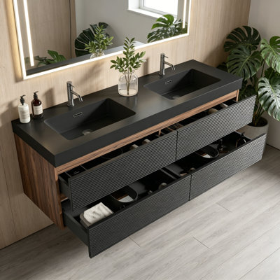Grace 60" Walnut Bathroom Vanity With Matt Black Engineered Quartz Sink And Soft Black Drawers, Wall Mounted Floating Bathroom Vanity, Without Drainage And Faucet, Pre-Assembled